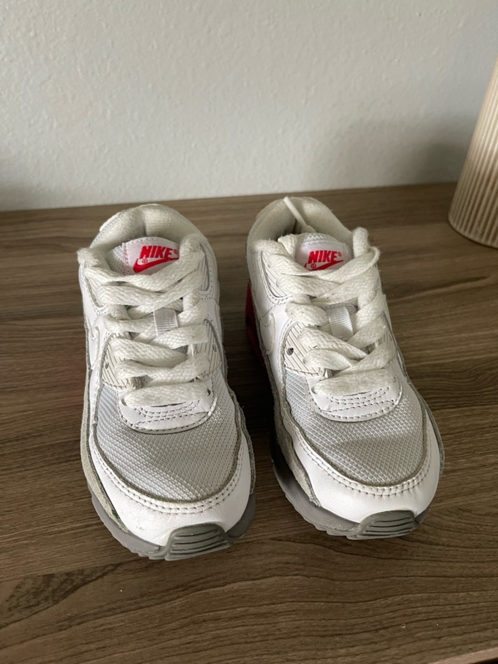 Nike Kids White & Gray Sneakers with Red Logo Accent
